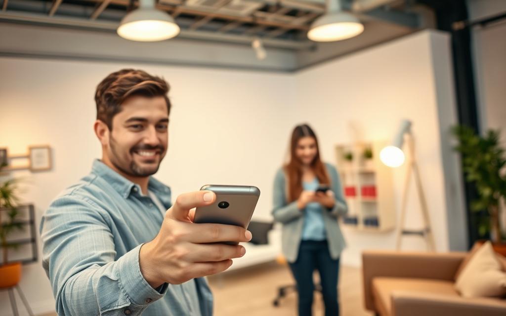 A bright, airy studio setting with modern furniture and minimal decor. In the foreground, a person in casual attire holds a sleek, high-end smartphone, their thumb poised over the voice search icon. Their expression conveys a sense of ease and confidence as they initiate a voice search query. In the middle ground, another person, also casually dressed, leans in with interest, their own smartphone at the ready. The background features clean, minimalist walls and carefully placed decor elements that subtly convey a professional, tech-savvy environment. Warm, diffused lighting from overhead sources casts a natural glow, highlighting the subjects' faces and the advanced technology in their hands.