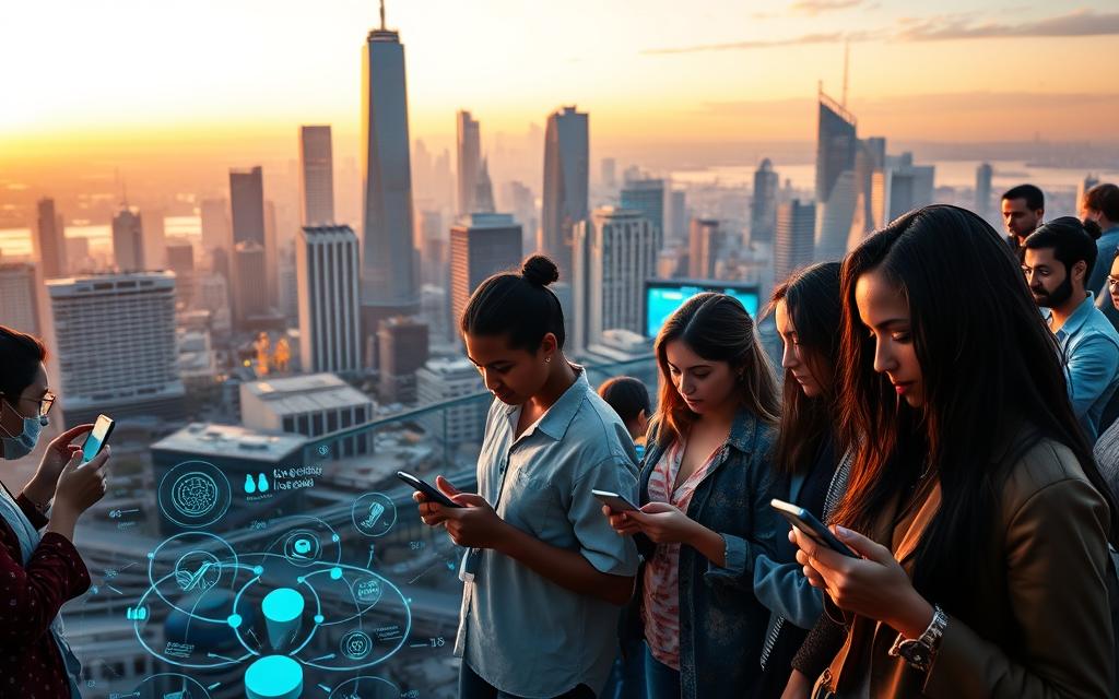 A bustling city skyline at dusk, illuminated by a warm golden glow. In the foreground, individuals of diverse backgrounds intently hold their smartphones, tapping and speaking into the devices as they engage with voice search technology. The middle ground reveals a dynamic flow of information, with data visualizations and AI-powered insights cascading across digital displays. In the background, cutting-edge research labs and technology hubs suggest the rapid advancements driving the future of voice search and its transformative impact on digital marketing. Soft, atmospheric lighting casts a sense of wonder and anticipation, as the scene conveys the seamless integration of voice-activated experiences into the urban landscape.