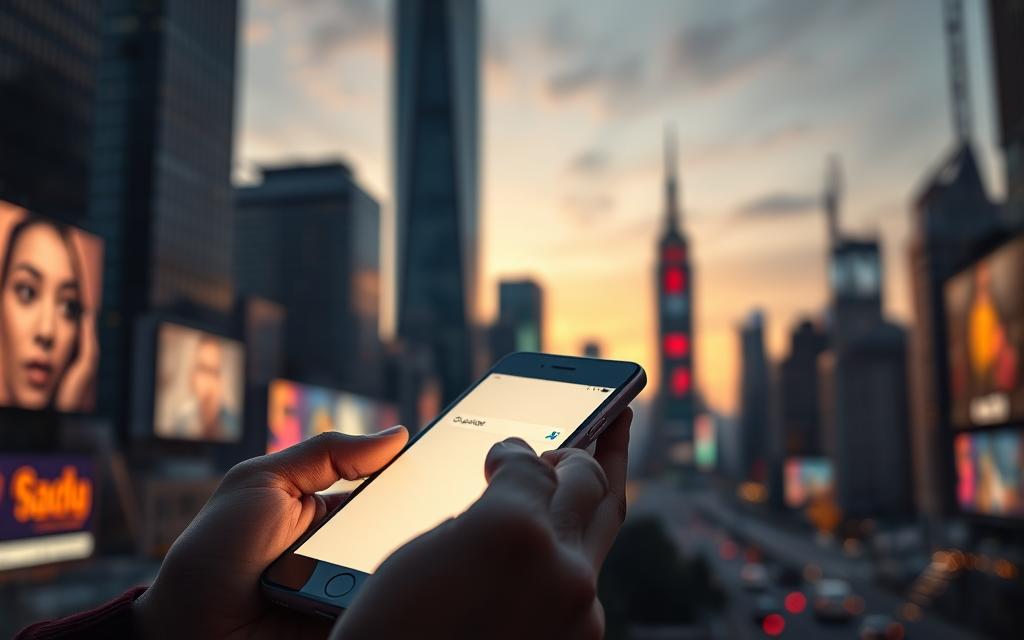 A bustling city skyline at dusk, with towering skyscrapers and neon-lit billboards. In the foreground, a person holding a sleek, futuristic-looking smartphone, its screen bathed in a soft, warm glow. They are speaking into the device, initiating a voice search query. The background is slightly blurred, emphasizing the focus on the mobile device and the user's interaction with it. The lighting is dramatic, with shadows and highlights that accentuate the scene's depth and mood. The overall atmosphere conveys the importance of mobile optimization for voice search in a modern, technology-driven world.