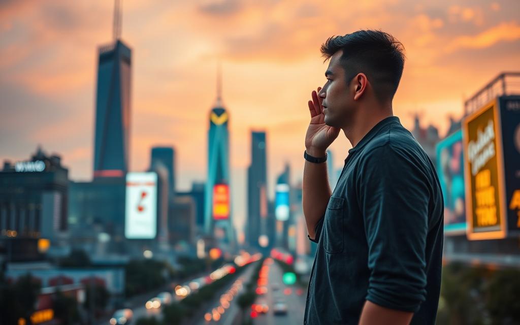 A bustling city skyline at dusk, with towering skyscrapers and neon signs illuminating the streets below. In the foreground, a person standing in a thoughtful pose, their hand held up to their ear as if using a voice-activated device. The background is blurred, creating a sense of focus on the central figure and the idea of voice search technology. The lighting is warm and atmospheric, with a mix of natural and artificial illumination. The composition is balanced, with the cityscape providing a dynamic backdrop to the central subject.