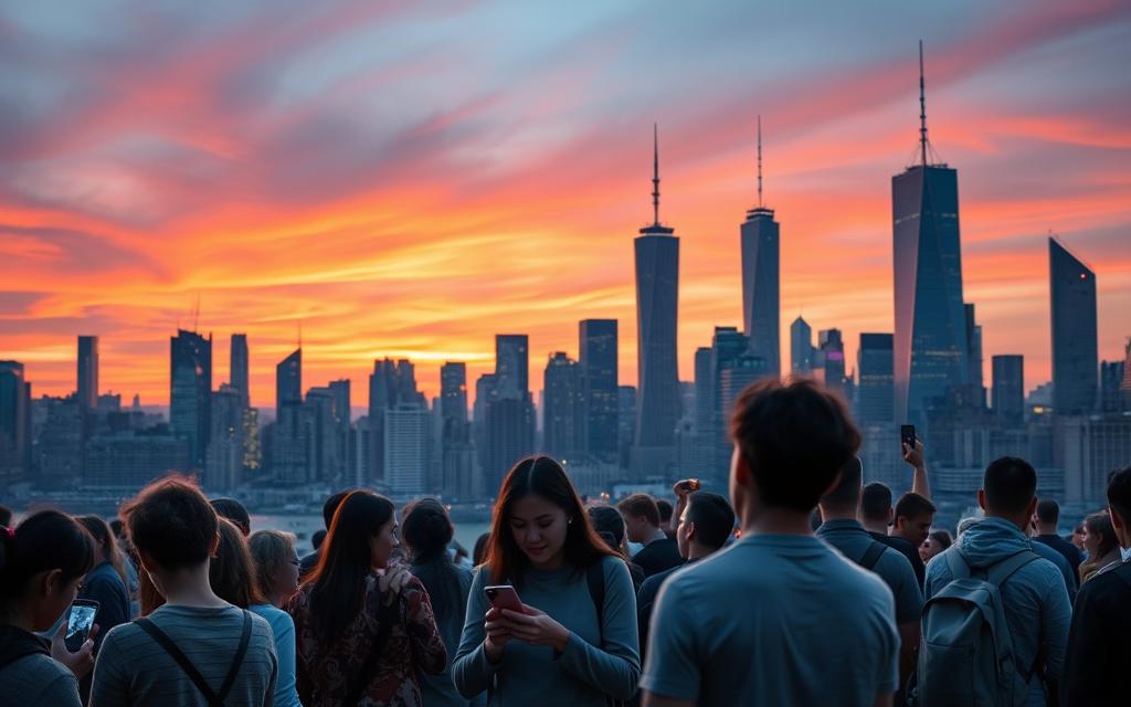 A bustling city skyline at dusk, with towering skyscrapers silhouetted against a vibrant orange and pink sky. In the foreground, a group of people engrossed in their smartphones, their faces illuminated by the glow of the screens as they navigate voice search applications. The scene captures the seamless integration of voice technology into modern urban life, hinting at the immense potential for businesses to leverage voice search optimization strategies to reach and engage their customers.