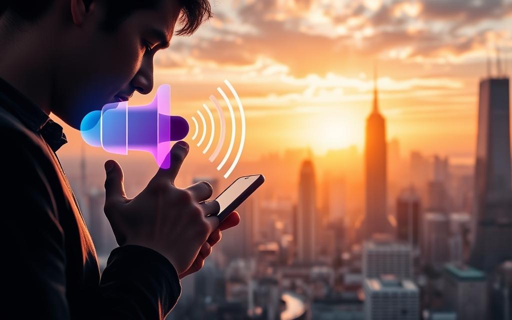 A bustling city skyline at golden hour, the silhouette of a person speaking into a smartphone, digital voice waves emanating from the device and cascading across the urban landscape. Soft, warm lighting illuminates the scene, creating a serene, contemplative atmosphere. In the foreground, a stylized icon representing voice search optimization hovers, its sleek design and vibrant colors adding depth and visual interest. The composition is balanced, with the subject matter taking center stage while the background provides context and a sense of scale.