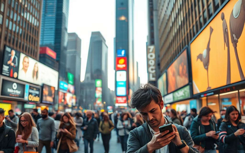 A bustling city street, people hurrying about with smartphones in hand, their voices rising above the ambient noise as they engage in voice searches, seeking information, products, and services. The scene is bathed in warm, golden light, casting a cozy, inviting atmosphere. In the foreground, a person stands, eyes focused on their device, brow furrowed in concentration as they refine their voice query, optimizing their search for the most relevant results. The middle ground is filled with a diverse array of pedestrians, some engaged in conversation, others lost in thought. In the background, towering skyscrapers and neon-lit billboards create a dynamic, high-tech backdrop, highlighting the integration of voice technology into the modern urban landscape.