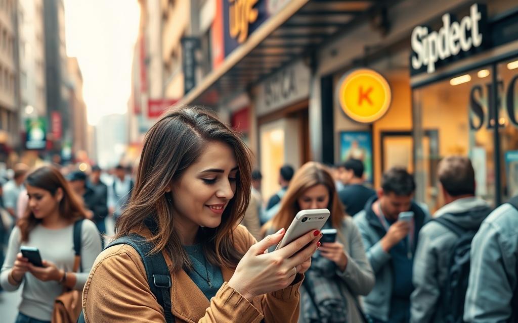 A bustling city street, with people using their smartphones for voice searches. In the foreground, a person speaks into their device, seeking local business information. The middle ground features storefronts and signage, reflecting the vibrant local community. Warm lighting and a soft focus create an inviting atmosphere, highlighting the importance of tailoring SEO strategies to voice-activated local searches. The background showcases the urban landscape, emphasizing the need for businesses to optimize their online presence for voice-based queries from mobile users.