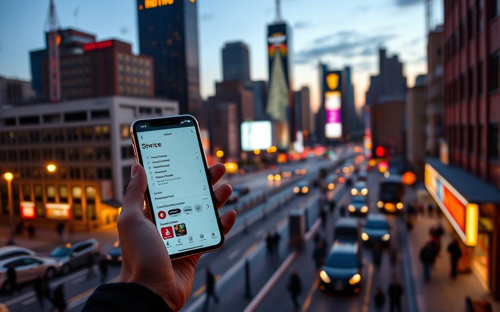 A bustling cityscape at dusk, skyscrapers and neon signs illuminating the nightscape. In the foreground, a person holding a sleek smartphone, gazing intently at the screen as they initiate a voice search. The screen's interface displays voice command options and search results, hinting at the power of voice-driven optimization strategies. The middle ground features pedestrians and vehicles, all seemingly engaged in their own technological interactions. In the background, a panoramic view of the city skyline, symbolizing the growing importance of voice search in the modern, interconnected world. Warm lighting from streetlamps and building facades casts a cozy, inviting atmosphere, drawing the viewer into this digital landscape.