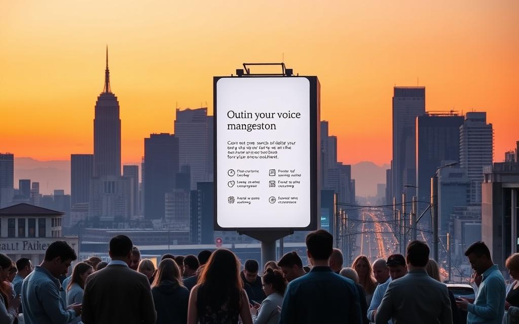 A bustling cityscape at dusk, the skyline silhouetted against a vibrant orange-pink sunset. In the foreground, a group of people are gathered, their smartphones in hand, engaged in animated conversation. The warm glow of the devices illuminates their faces as they tap, swipe, and speak into the devices, their voices raised in an orchestral chorus of queries and commands. The middle ground features a towering digital billboard, its crisp, high-resolution display showcasing a sleek, modern interface for voice search optimization, highlighting key features and benefits. In the background, towering skyscrapers and bustling streets create a sense of urban energy and connectivity, underscoring the importance of optimizing for the growing voice search landscape.