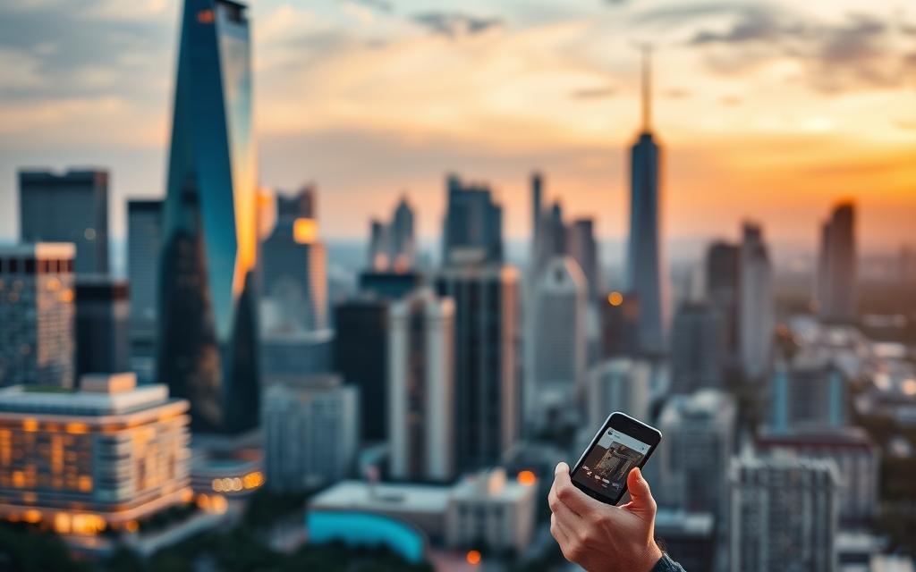 A bustling cityscape at dusk, with towering skyscrapers and a vibrant urban landscape. In the foreground, a person standing with a smartphone, speaking into the device's microphone as they search for local businesses using voice commands. The scene is bathed in a warm, golden light, creating a sense of energy and productivity. The background is slightly blurred, keeping the focus on the person and their voice search activity. The overall mood is one of efficiency and technological progress, highlighting the importance of optimizing for voice search in today's digital landscape.