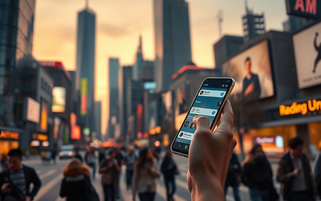 A bustling cityscape at dusk, with towering skyscrapers and neon-lit streets. In the foreground, a person stands holding a sleek, futuristic-looking smartphone, its screen illuminated as they navigate voice search commands. The warm, diffused lighting casts a soft glow, creating an atmosphere of modern, urban exploration. The middle ground features pedestrians hurrying by, some also interacting with their devices, while the background is a hazy blend of architectural silhouettes and the fading sunset. The scene conveys the seamless integration of voice-activated technology into the rhythm of everyday life in a vibrant, technology-driven metropolis.