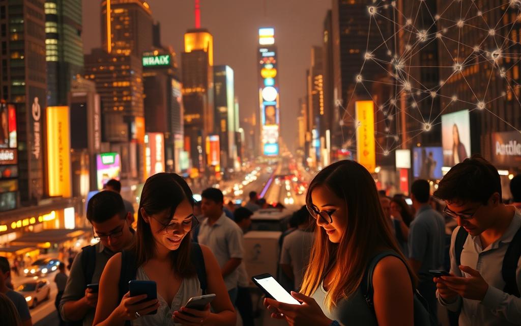 A bustling cityscape, its towering skyscrapers and neon-lit streets illuminated by a warm, golden glow. In the foreground, a group of people, their faces aglow with the soft light of their smartphones, deeply engaged in conversation. Their body language suggests a sense of ease and connectivity, as they seamlessly navigate the virtual world through voice commands and touchscreen interactions. The middle ground is dotted with various digital devices, from sleek, minimalist tablets to the latest voice-activated smart speakers, each representing the growing influence of virtual assistants in our daily lives. The background is a kaleidoscope of data streams, visualized as intricate webs of information, pulsing and interconnecting, reflecting the ever-expanding reach of these intelligent digital companions. The overall mood is one of technological integration, where the physical and digital realms coexist harmoniously, shaping and transforming the way we search, discover, and interact with the world around us.