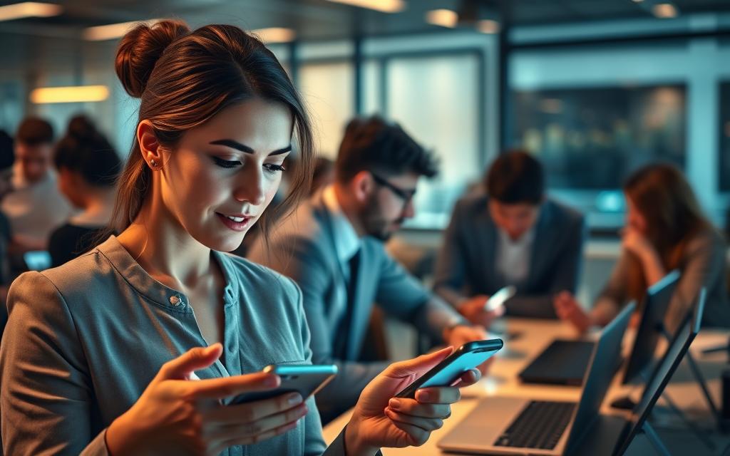 A bustling office scene, with professionals intently engaged with their smartphones, their faces illuminated by the soft glow of the screens. In the foreground, a businesswoman speaks into her device, her expression focused as she navigates the latest voice search features. In the middle ground, colleagues huddle around a conference table, discussing data and insights gleaned from their voice-activated assistants. The background is filled with the subtle hum of keyboards and the occasional chime of notifications, creating an atmosphere of productivity and technological integration. Warm, directional lighting casts a subtle glow, accentuating the sense of a modern, forward-thinking workspace where voice search has become an integral part of the daily workflow.