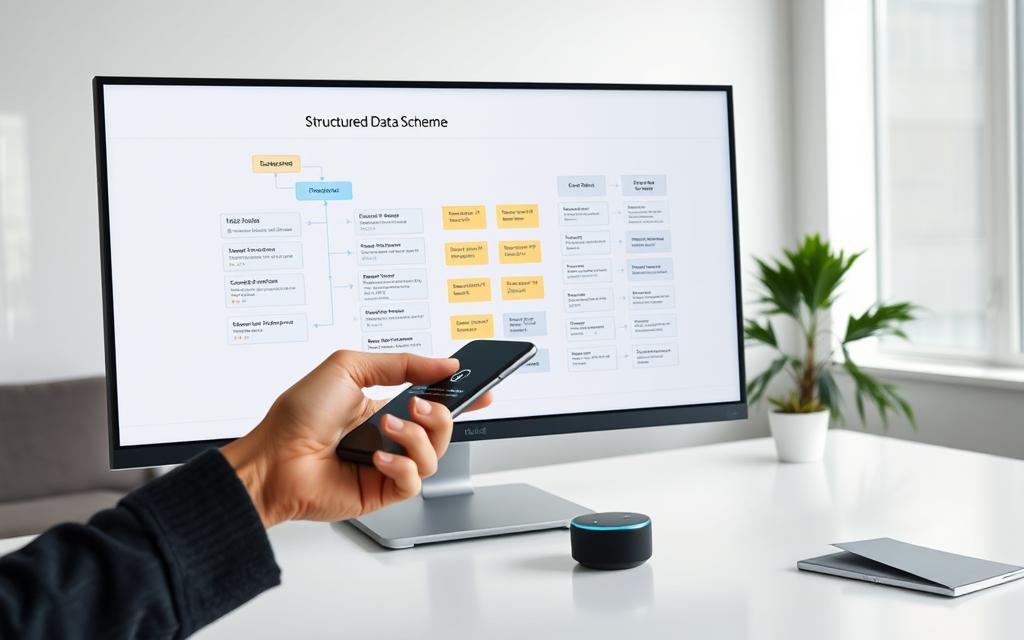 A clean, modern office setting with a sleek, minimalist desk and a large, high-resolution computer monitor. On the screen, a detailed diagram illustrates the structured data schema for voice search, including entity types, properties, and relationships. The diagram is color-coded and annotated with labels, showcasing the complexity and depth of the data model. In the foreground, a person's hand is using a smartphone, tapping on the screen as they interact with a voice assistant. The lighting is soft and diffused, creating a calming, professional atmosphere.