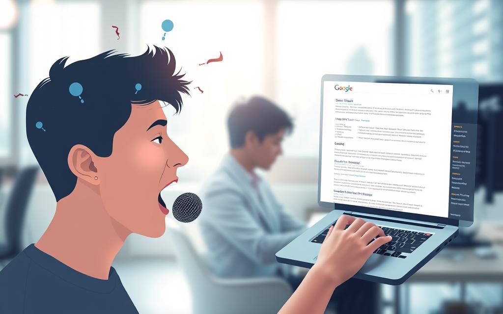 A digital illustration contrasting voice queries and text searches. In the foreground, a person speaking into a microphone, their mouth open in a natural, conversational pose. Above, speech bubbles radiate outward, conveying the fluid, natural language of voice input. In the middle ground, a person typing on a keyboard, their fingers poised over the keys. Around them, search engine results pages populate, filled with text-based information. In the background, a blurred cityscape or office setting, evoking the modern, connected world of digital information access. The lighting is soft, almost ethereal, highlighting the distinct interactions between voice and text. The overall composition emphasizes the evolving landscape of information retrieval, where traditional and emerging modes of search coexist.
