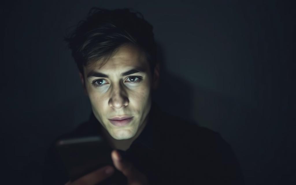 A dimly lit room, the faint glow of a smartphone illuminating a person's face as they engage in a voice search. The user's expression is one of hesitation, their eyes darting back and forth, reflecting the privacy concerns surrounding Siri's voice recognition technology. In the background, a shadowy figure represents the unseen presence of data collection and potential security risks. The scene is captured through a narrow depth of field, focusing the viewer's attention on the user's thoughtful expression, emphasizing the personal and intimate nature of voice-based interactions. Soft, muted tones create an atmosphere of unease and uncertainty, inviting the observer to consider the implications of entrusting one's private information to a virtual assistant.