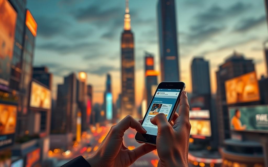 A futuristic cityscape at dusk, with towering skyscrapers and neon-lit billboards. In the foreground, a person holding a sleek, modern smartphone, speaking into the device as they perform a voice search. The screen displays a virtual assistant interface, with dynamic visualizations and information panels. The atmosphere is charged with a sense of technological progress and urban energy, conveying the power and potential of Alexa Voice Search optimization for businesses.