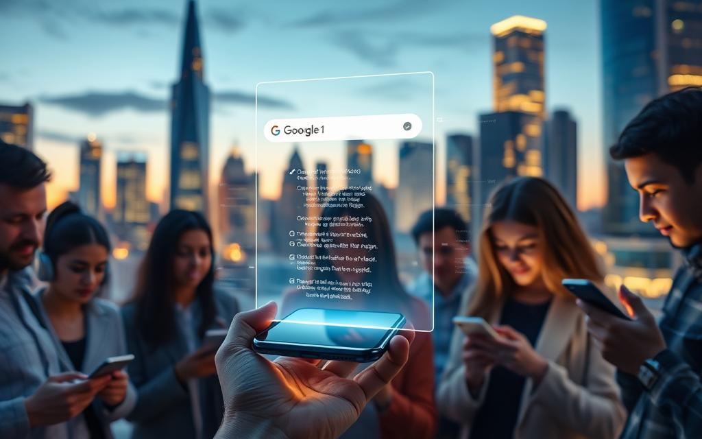 A futuristic cityscape at twilight, with a holographic interface hovering above a smartphone in the foreground. The interface displays a voice search query, with digital waves of information radiating outward. In the middle ground, people of diverse backgrounds use their mobile devices to interact with the voice search technology, their expressions conveying a sense of ease and wonder. The background features a skyline of gleaming skyscrapers, their windows reflecting the glow of the evening sky. Soft, diffused lighting creates an atmosphere of technological innovation and progress, hinting at the power and potential of Google's voice search capabilities.