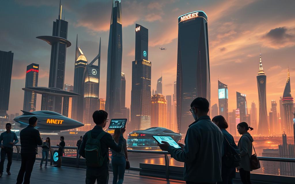 A futuristic cityscape with towering skyscrapers, sleek hovercrafts, and a vibrant, neon-lit skyline. In the foreground, a group of people interact with their holographic smart devices, seamlessly commanding them through voice-activated controls. The scene is bathed in a warm, ambient glow, casting long shadows and creating a sense of technological wonder. Crisp, high-resolution imagery with a cinematic, wide-angle lens captures the innovative, forward-thinking nature of voice search technology, as it becomes the new standard for human-computer interaction in this vision of Google's revolutionary future.