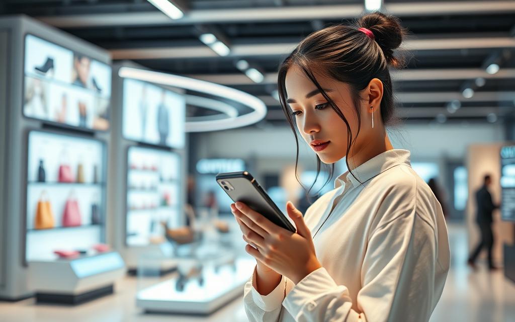 A futuristic ecommerce setting with a well-lit, modern interior. In the foreground, a young woman stands, holding a sleek, high-end smartphone close to her face, speaking into it intently. Her expression is focused, as she navigates a voice-activated shopping interface. In the middle ground, an array of product displays and interactive touchscreens showcases the latest ecommerce trends, reflecting the evolving role of voice search. The background features a seamless blend of technology and minimalist design, hinting at the integrated, immersive shopping experience of 2025.