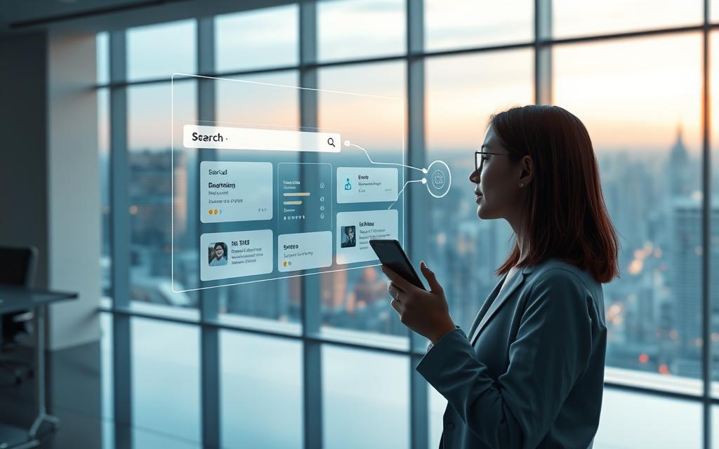 A futuristic illustration of voice search technology in action. A person holding a modern smartphone, their voice activating an AI assistant that projects a holographic interface before them. The interface displays search results, product information, and service offerings. The background is a sleek, minimalist office setting with large windows overlooking a vibrant cityscape. Soft, diffused lighting creates a sense of depth and atmosphere. The image conveys the seamless integration of voice-controlled technology into our daily lives, elevating business capabilities through effortless, intuitive search.