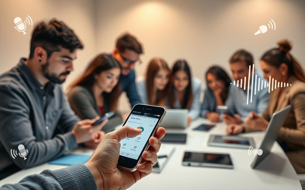 A group of people gathered around a desk, intently focused on their smartphones. Soft lighting from above casts a warm glow, highlighting the concentration on their faces as they navigate voice search functions. In the foreground, a hand holds a phone, the screen displaying search results. The middle ground features various digital devices - tablets, laptops, and more phones - all connected, reflecting the integrated nature of voice-enabled technology. The background showcases a minimalist office setting, clean lines, and neutral tones, creating a professional, productive atmosphere. Subtle details like microphone icons and voice wave visualizations hint at the voice search capabilities powering this scene.