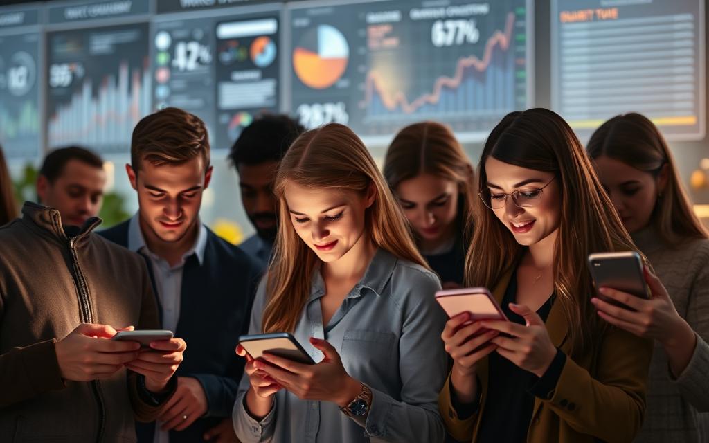 A group of people in a modern office setting, focused intently on their smartphones and tablets, their faces illuminated by the glow of the screens as they interact with voice-activated digital assistants. The scene is bathed in warm, ambient lighting, creating a sense of productivity and connectivity. In the background, abstract data visualizations and search engine optimization graphics suggest the importance of voice search optimization for their business. The overall atmosphere conveys the idea of seamless integration between technology, customer engagement, and ongoing digital strategy.