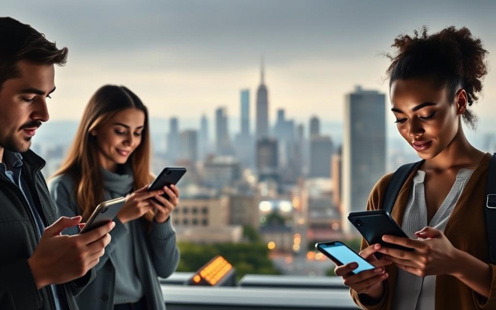 A high-quality, detailed image of "Voice Search PPC Examples" showcasing people using voice search on their mobile devices. The foreground features three diverse individuals, each interacting with their smartphones, their faces illuminated by the soft glow of the screens. The middle ground depicts a cityscape, with skyscrapers and bustling streets, conveying a sense of modern, urban life. The background is filled with a subtle, atmospheric gradient, creating a sense of depth and emphasizing the technological setting. The lighting is natural and diffused, casting gentle shadows and highlights on the subjects. The overall mood is one of productivity, innovation, and the seamless integration of voice search technology into everyday life.