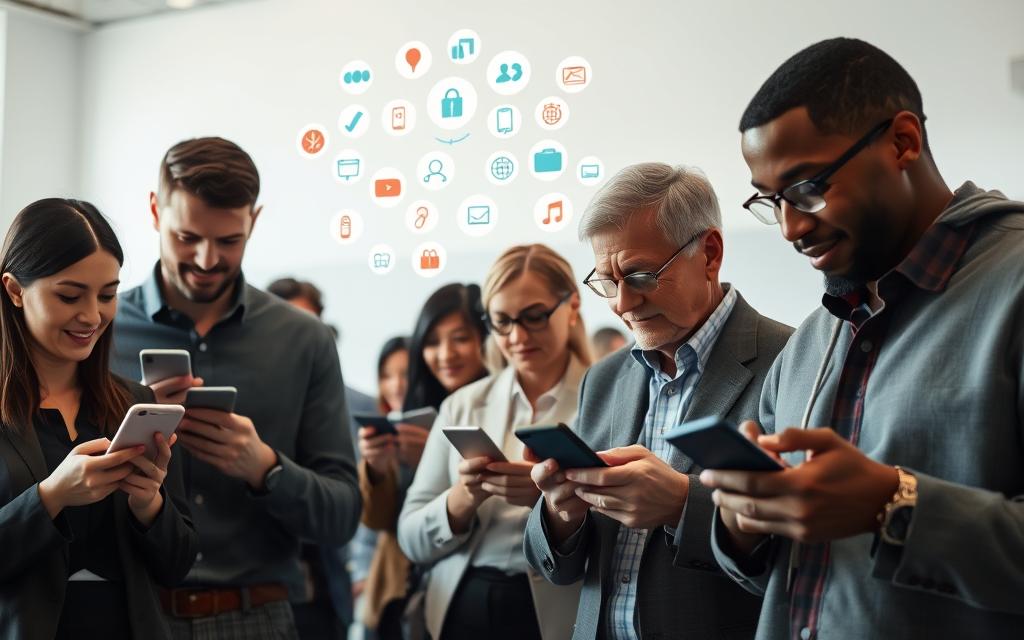 A high-quality, vibrant photograph of people using voice search on their smartphones to find products and services. The foreground shows a diverse group of professionals, millennials, and senior citizens intently interacting with their devices, their expressions conveying the ease and convenience of the Alexa voice search experience. The middle ground depicts a variety of product and service icons hovering above the users, reflecting the breadth of capabilities Alexa voice search offers. The background is a modern, minimalist setting with clean lines and soft lighting, creating a sense of efficiency and technological sophistication. The overall mood is one of productivity, connectivity, and the empowerment of Alexa voice search.