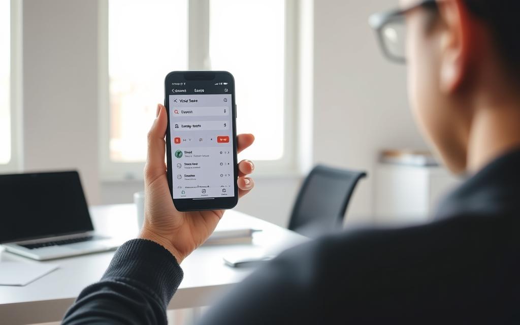 A minimalist office setting with natural lighting, showcasing a person using a smartphone for voice search. The user is seated at a clean, uncluttered desk, with a laptop and a few simple office accessories in the background. The smartphone's screen displays a voice search interface, indicating the optimization of content for voice-first discovery. The overall mood is one of focused productivity and technological integration, reflecting the importance of voice search in modern small business marketing strategies.