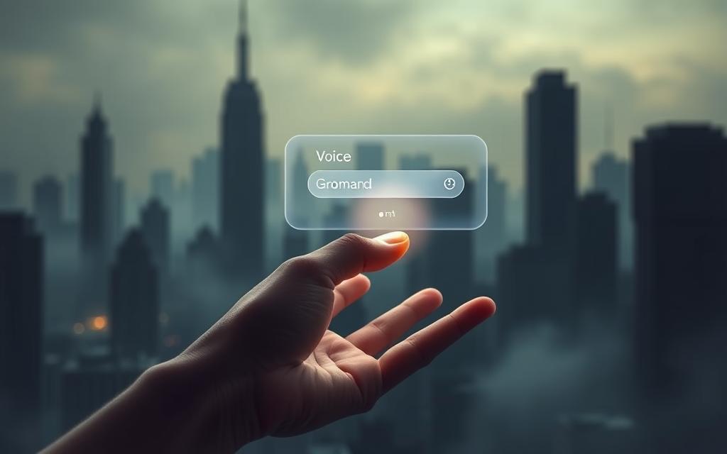 A minimalist, sleek, and futuristic illustration of voice search technology. In the foreground, a close-up of a human hand interacting with a futuristic, floating voice interface, with a soft, glowing light emanating from the device. In the middle ground, a subtle, holographic display showing voice commands and search results. The background is a dimly lit, dystopian-inspired cityscape with towering skyscrapers and a hazy, atmospheric quality, suggesting the integration of voice search into the urban landscape. The overall mood is one of technological advancement and the seamless integration of voice-based interactions into our daily lives.