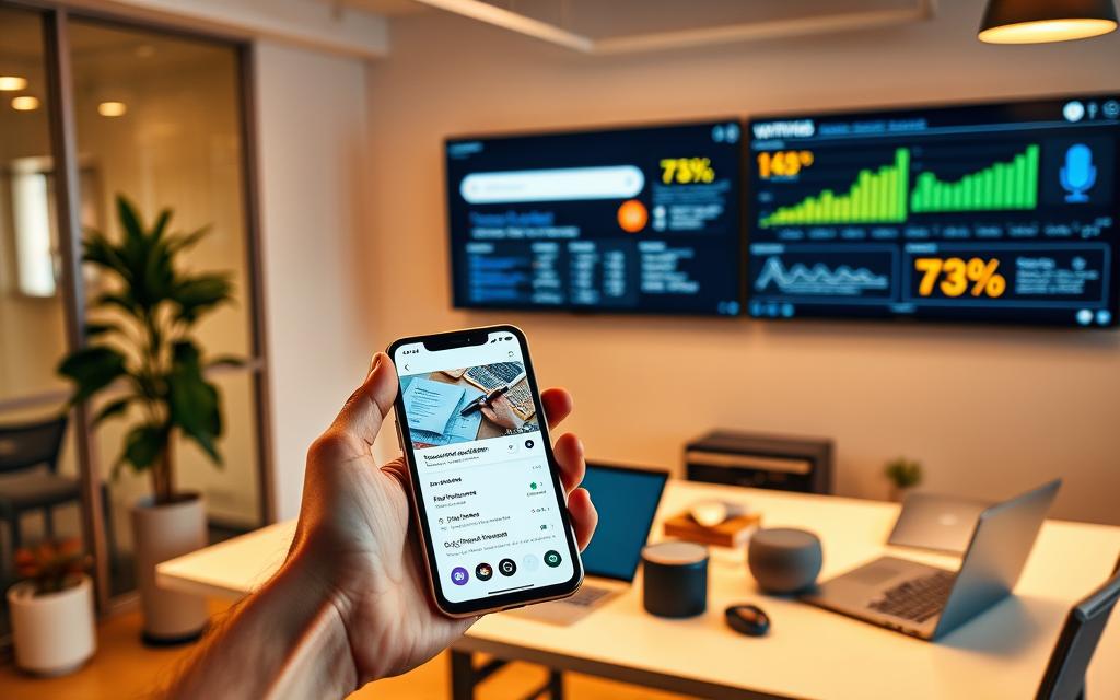 A modern office interior with a large computer monitor displaying a voice search interface. In the foreground, a hand holding a smartphone with a voice assistant app open. The middle ground features a desk with a laptop, a small voice-enabled smart speaker, and various office supplies. The background showcases a wall-mounted display with analytics and optimization metrics related to voice search performance for a local business. Warm, directional lighting illuminates the scene, creating a professional and tech-savvy atmosphere. The overall composition emphasizes the importance of voice search optimization for local companies in the year 2025.