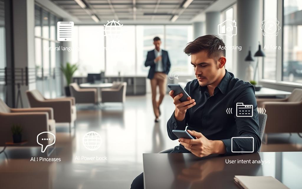 A modern office interior with sleek, minimalist furniture and large windows letting in natural light. In the foreground, a person sits at a desk, holding a smartphone and speaking into it, with visual waves representing their voice search. In the middle ground, another person is walking by, also using a smartphone for voice search. The background features stylized icons and graphics representing voice search optimization elements such as natural language processing, AI-powered search, and user intent analysis. The scene has a cool, tech-forward aesthetic with a sense of efficiency and innovation. Cinematic lighting and a shallow depth of field focus attention on the central voice search activities.