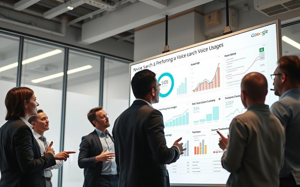 A modern office setting with a large whiteboard or digital display showcasing various analytics and performance metrics related to voice search usage. In the foreground, a group of businesspeople intently studying the data, gesturing and discussing insights. The lighting is bright and professional, with a focus on the analytics presentation. The angle captures the whiteboard or display from a slightly elevated perspective, conveying a sense of strategic overview. The mood is one of engaged analysis, with the team collaborating to derive meaningful insights from the voice search performance data.
