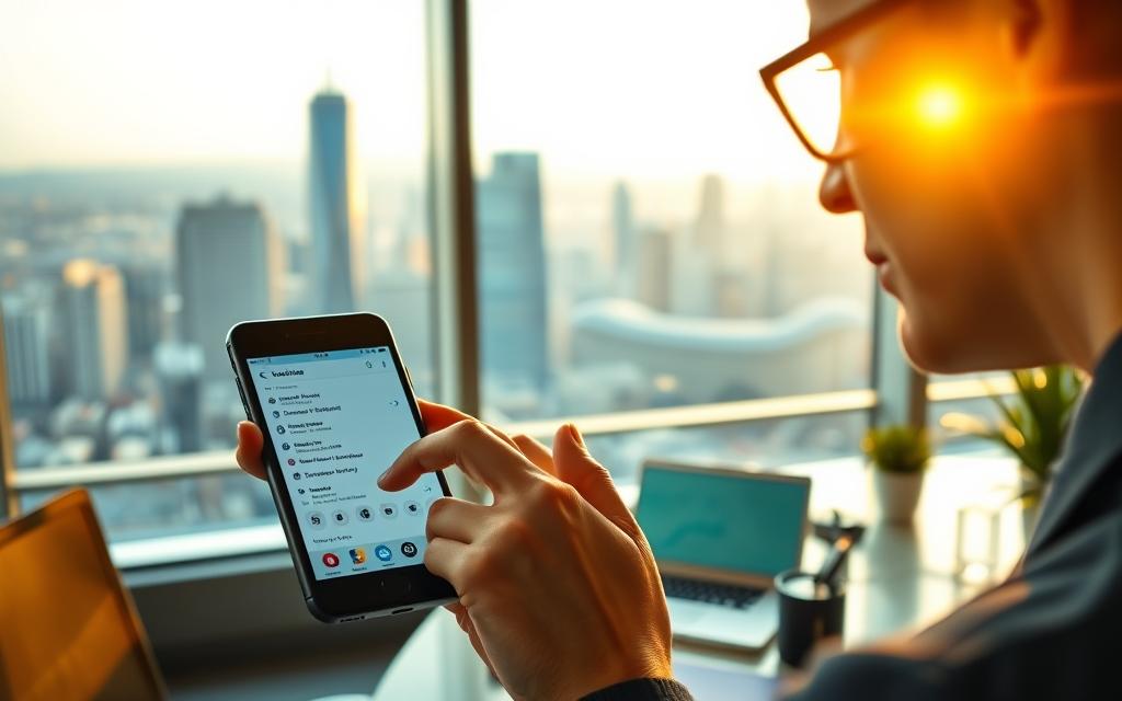 A modern office setting with a large window overlooking a bustling city skyline. In the foreground, a person is intently speaking into a sleek, black smartphone, using voice search to query information. The smartphone's screen displays search results, reflecting the impact of voice search on website rankings. Warm, natural lighting filters through the window, casting a soft glow over the scene. The background features a minimalist desk with a laptop, various office supplies, and a potted plant, creating a professional and productive atmosphere. The overall mood is one of efficiency, technological advancement, and the seamless integration of voice search into the modern business landscape.
