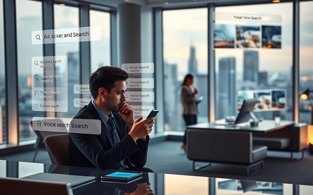 A modern office space with sleek furniture and a large window overlooking a city skyline. In the foreground, a person sits at a desk, intently speaking into a smartphone while a holographic display projects voice search options around them. The middle ground features a trio of professionals using voice commands on their devices, seamlessly integrating voice search into their workflow. The background showcases futuristic technology, with floating displays and ambient lighting, creating an atmosphere of innovation and efficiency. The scene conveys the benefits of voice search, emphasizing its convenience, hands-free functionality, and integration with cutting-edge business tools.