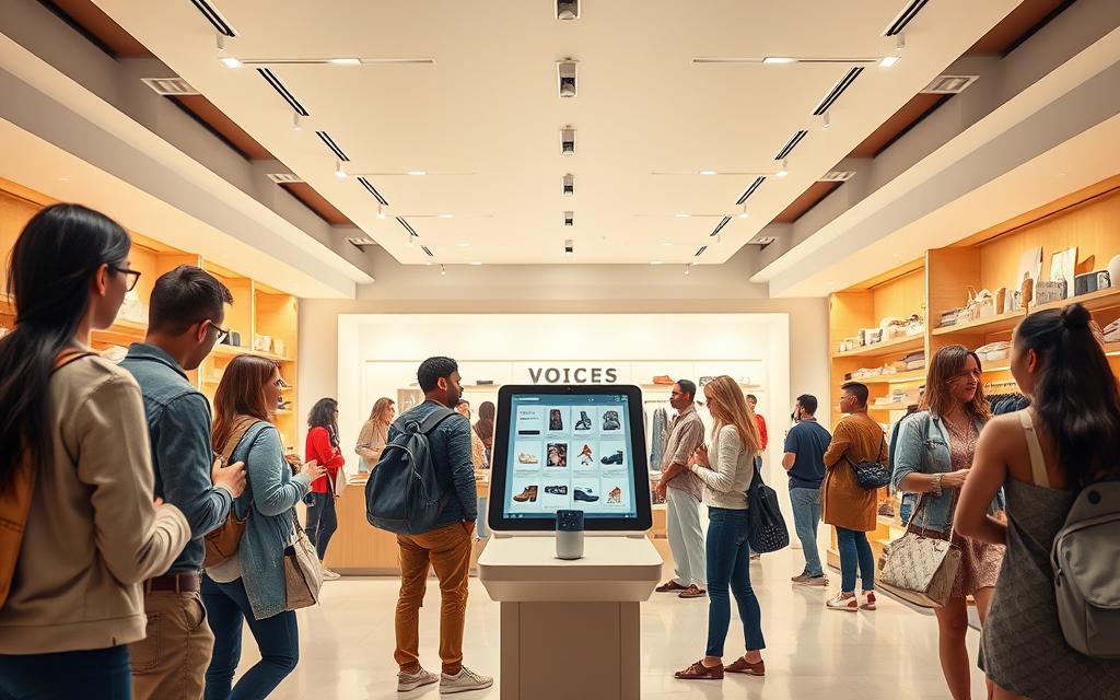 A modern, well-lit retail store interior, with a central voice-enabled display station at the center. The station features a sleek, minimal design with a large, high-resolution screen and integrated microphone. Shoppers of diverse ages and backgrounds are interacting with the display, using voice commands to browse and select products. The store has a clean, minimalist aesthetic with warm lighting, light wood accents, and a soothing color palette. The overall atmosphere is one of effortless, intuitive digital shopping, highlighting the seamless integration of voice technology into the ecommerce experience.