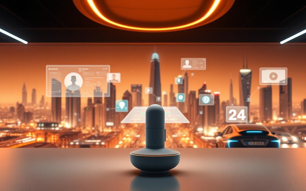 A panoramic view of the evolution of voice search technology, showcasing its transformation from early digital assistants to the advanced AI-powered solutions of the future. In the foreground, a sleek, minimalist voice-activated device symbolizing the seamless integration of voice control into our daily lives. In the middle ground, holographic displays and floating interfaces visualize the next generation of voice-driven interactions. The background depicts a futuristic cityscape, where skyscrapers and autonomous vehicles reflect the ubiquity of voice-based systems in smart city infrastructure. Warm, ambient lighting creates a sense of progress and innovation, while a soft, ethereal atmosphere evokes the powerful yet intuitive nature of voice search technology.