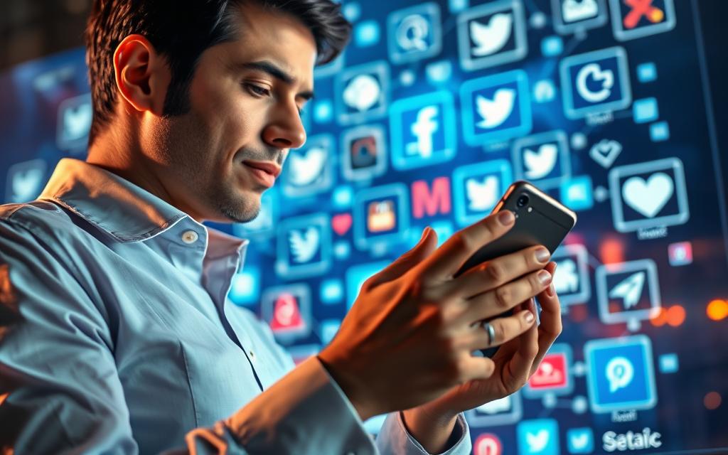 A professional businessperson holding a sleek smartphone, deep in conversation, surrounded by a dynamic social media interface. The screen displays various digital platforms and symbols, representing the diverse channels for voice search optimization. Vibrant, colorful lighting casts a warm, inviting glow, emphasizing the importance of leveraging social media to enhance voice search visibility. The scene conveys a sense of strategic planning, technological integration, and a forward-thinking approach to voice search marketing.