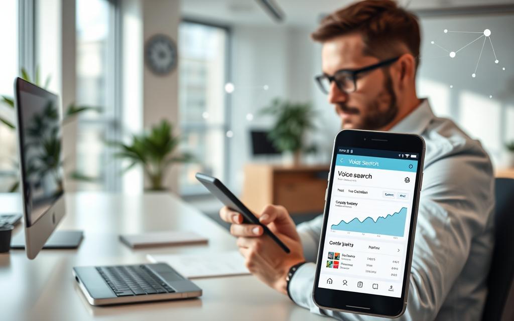 A serene office environment with a professional using a smartphone for voice search optimization. The user is sitting at a desk, surrounded by minimalist decor and natural lighting from large windows. The smartphone screen displays voice search analytics, highlighting the impact of optimized content. In the background, abstract shapes and lines depict the digital landscape of voice search technology. The scene conveys a sense of productivity, efficiency, and the importance of adapting to evolving search trends.