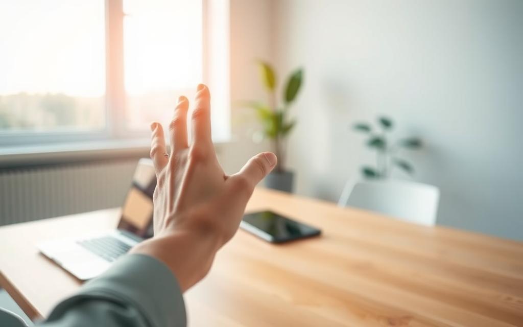 A serene office setting with a minimalist desk, featuring a laptop and a smartphone. Soft natural lighting filters in through a large window, casting a warm glow on the scene. In the foreground, a person's hand gestures towards the smartphone, illustrating the use of voice search for product and service queries. The background is blurred, emphasizing the focus on the technology. The overall mood is one of thoughtful contemplation, suggesting the strategic process of improving SEO through effective use of voice search and other digital tools.