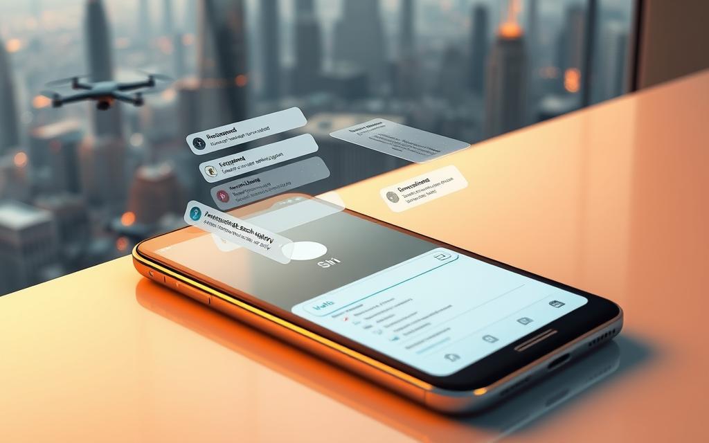 A sleek, futuristic smartphone rests on a minimalist desk, its screen displaying the Siri voice search interface. Floating holographic menus and visual cues showcase advanced features - voice commands, language translation, smart home integration, and personalized search history. The scene is bathed in warm, diffused lighting, creating a sense of technological sophistication. The smartphone's elegant design and responsive UI suggest a seamless, intuitive voice search experience. In the background, a panoramic cityscape with skyscrapers and hovering drones hints at the powerful capabilities of this voice assistant in an increasingly connected world.