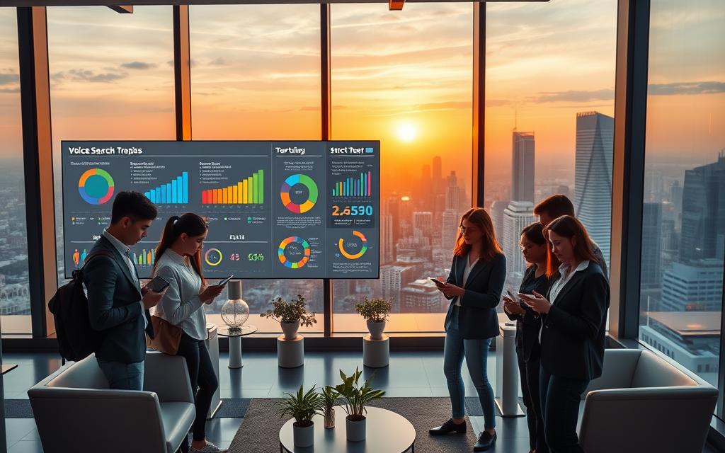 A sleek, modern office setting with a large data visualization display showcasing vibrant infographics on voice search trends and statistics. In the foreground, a group of young professionals intently examining the display on their smartphones, their faces illuminated by the soft, diffused lighting. The middle ground features minimalist furniture and potted plants, creating a sense of dynamic energy. The background is dominated by floor-to-ceiling windows, offering a panoramic view of a bustling city skyline bathed in the golden glow of the setting sun, symbolizing the rapid growth and evolution of voice search technology.