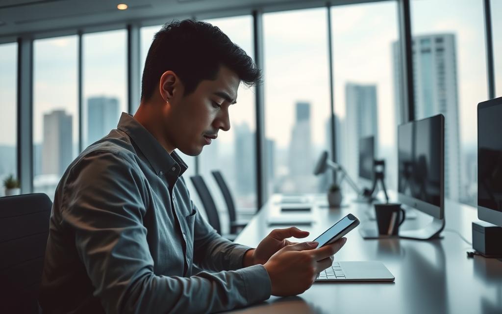 A sleek, modern office setting with large windows overlooking a cityscape. In the foreground, a person sits at a desk, intently focused on their smartphone as they use voice commands to control a virtual assistant. Soft, diffused lighting illuminates the scene, creating a serene and professional atmosphere. The person's face is partially obscured, emphasizing the technology at the center of the image. In the background, subtle details like computer monitors, office supplies, and minimalist decor suggest a high-tech, productivity-driven environment. The overall composition conveys the seamless integration of voice search technology into the modern workplace, hinting at its growing importance in the digital landscape.