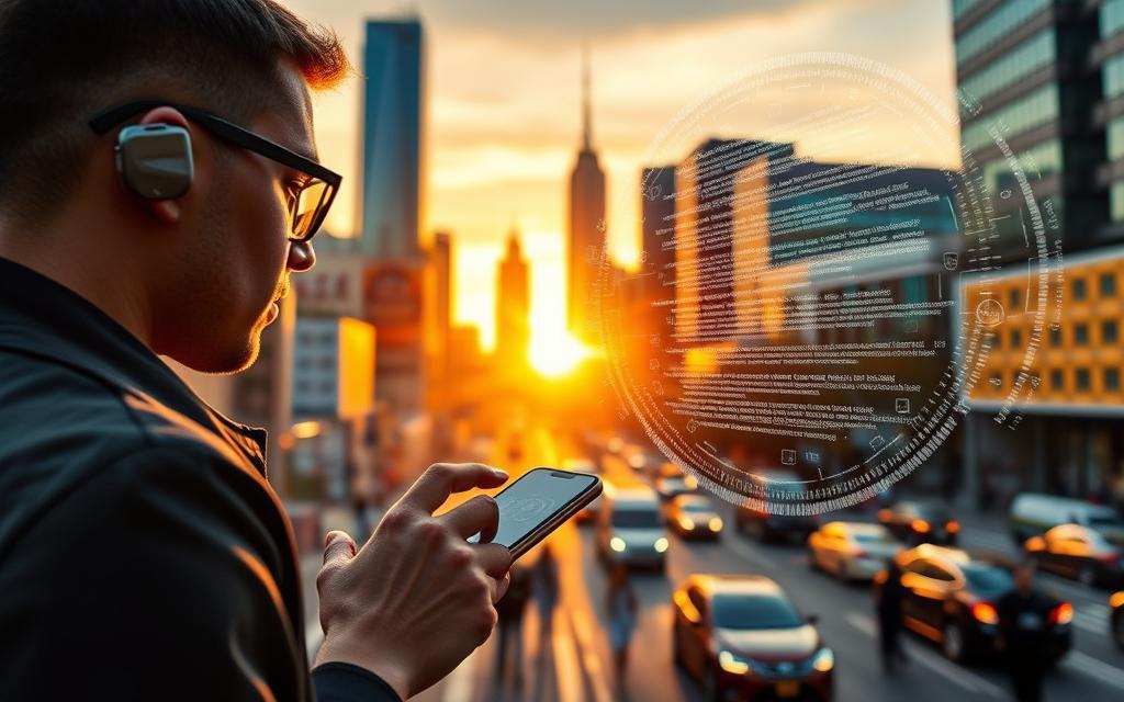 A vibrant cityscape at golden hour, with a prominent foreground figure using a sleek, futuristic-looking smartphone, their voice commands activating a dynamic data visualization depicting natural language processing algorithms. The middle ground showcases a bustling urban environment, with pedestrians and vehicles blurred in motion, while the background features towering skyscrapers and a warm, diffused sunset sky. The scene conveys a sense of technological innovation, personal connectivity, and the power of voice-enabled search to navigate the modern digital landscape.