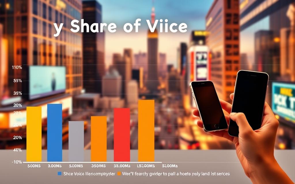 A vibrant, data-driven visualization of key share of voice metrics. In the foreground, a stylized bar graph showcases the comparative market share and search visibility of various competitors. The middle ground features sleek, modern smartphones in hand, representing the rise of voice search and its impact on share of voice calculations. The background depicts a bustling cityscape, reflecting the dynamic, ever-evolving nature of the digital landscape. Warm lighting and a clean, minimalist aesthetic convey a sense of clarity and precision in these crucial performance indicators.