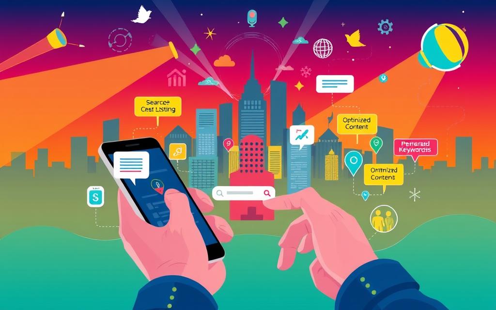 A vibrant digital illustration showcasing voice search optimization techniques. The foreground depicts a person using a smartphone with a voice search interface, surrounded by colorful icons and infographic elements representing various voice SEO tactics such as local business listings, optimized content, and conversational keywords. The middle ground features a stylized cityscape with buildings and landmarks, symbolizing the local search aspect. The background subtly incorporates searchlights, sound waves, and other technical motifs to convey the high-tech nature of voice search optimization. The overall composition is dynamic and visually engaging, with a modern, tech-savvy aesthetic that aligns with the "Master Voice Search Local SEO in 30 Days" theme.