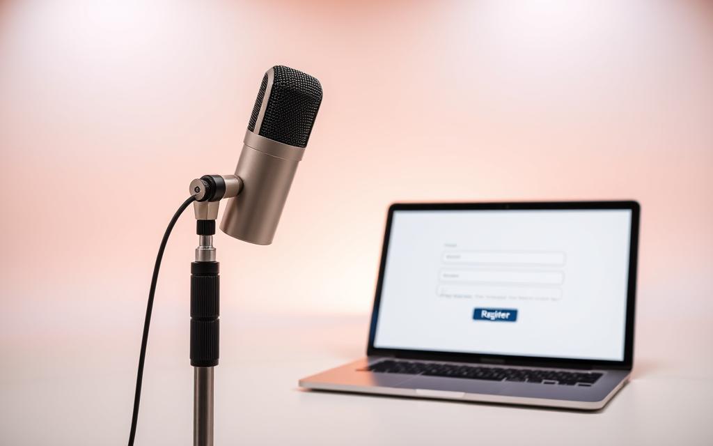 A well-lit, clean studio setting with a minimalist, modern aesthetic. In the foreground, a sleek, state-of-the-art microphone on a minimalist stand, positioned at an angle. In the middle ground, a tablet or laptop displaying a voice search registration form, with simple, intuitive fields and a prominent "Register" button. The background features a smooth, neutral-toned wall, softly illuminated, creating a sense of depth and focus on the foreground elements. The overall mood is professional, streamlined, and inviting, conveying the essential requirements for a seamless voice search registration setup.