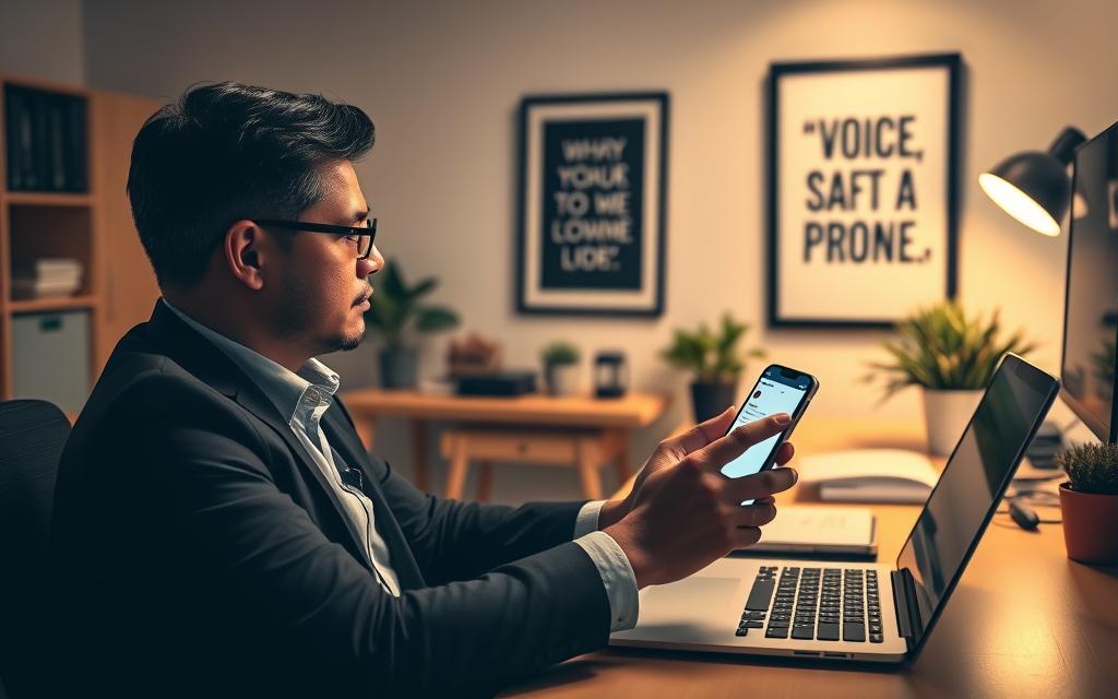 A well-lit office scene, with a person sitting at a desk using a smartphone for voice search. The desk is neatly organized, with a laptop, some office supplies, and a potted plant. The lighting is soft and warm, creating a cozy, productive atmosphere. The person is dressed professionally, focused intently on the phone screen, as they navigate through various voice search menus and options. In the background, there is a framed motivational poster or artwork, adding a touch of personality to the space. The overall impression is one of efficiency, optimization, and a seamless voice search experience.