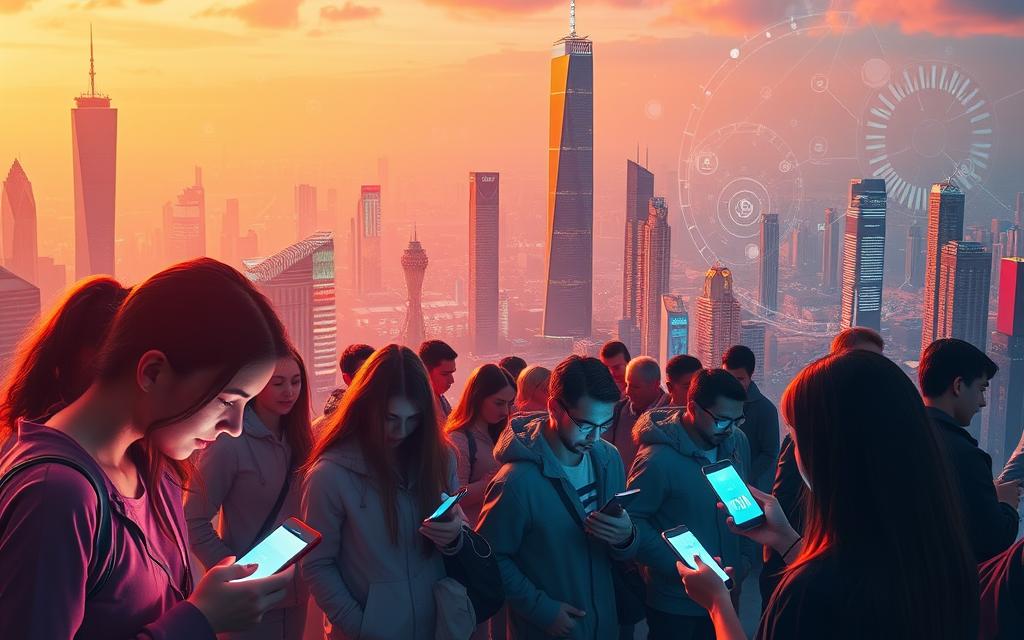 An expansive, futuristic cityscape bathed in a warm, vibrant glow. In the foreground, a group of people intently interacting with their sleek, glowing smartphones, their faces illuminated by the devices' screens as they conduct voice searches. The middle ground features towering skyscrapers and gleaming infrastructure, symbolizing the technological advancements powering the rising trends in voice-activated search. In the background, a kaleidoscope of data visualizations and digital interfaces swirls, hinting at the complex algorithms and vast repositories of information that enable voice-driven discovery and commerce. The overall atmosphere conveys a sense of progress, connectivity, and the seamless integration of voice-based technologies into the fabric of modern urban life.