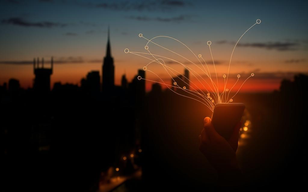 An intimate cityscape at dusk, the silhouettes of buildings and trees casting long shadows against a luminous sky. In the foreground, a person stands holding a smartphone, their face illuminated by the device's screen as they speak into the microphone, initiating a voice search. Ribbons of digital data flow from the phone, weaving into the scene and connecting to local landmarks, illustrating the integration of voice technology and localized search. Warm lighting accentuates the sense of technological progress and the evolution of how we interact with our urban environments. A mood of exploration and discovery pervades the image, hinting at the transformative potential of voice-driven local SEO.
