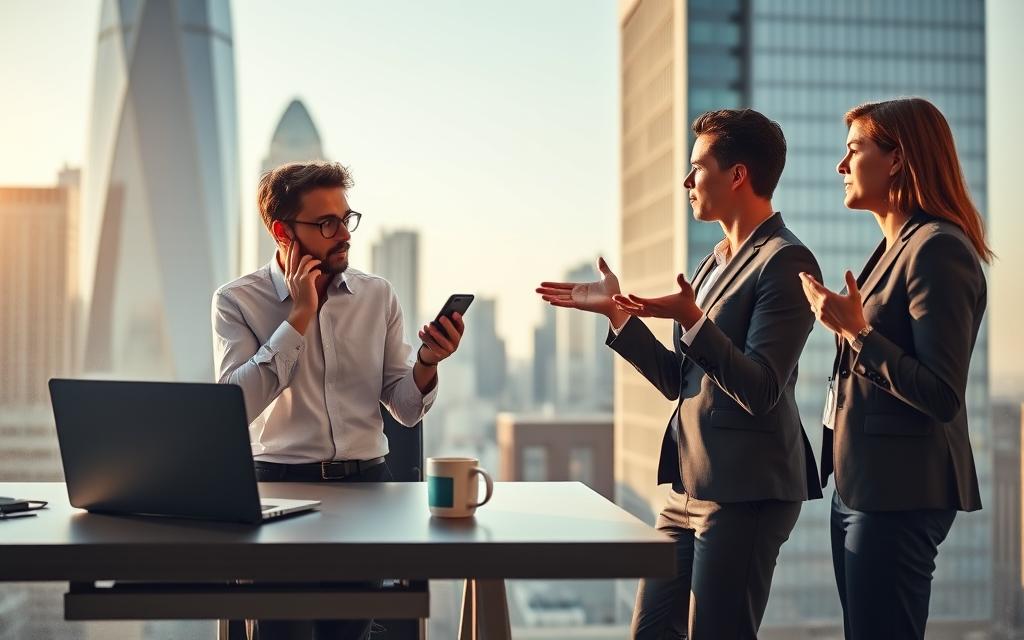 An office desk with a laptop, smartphone, and coffee mug, against a backdrop of modern city skyscrapers. Two business people in casual attire stand beside the desk, one holding a smartphone up to their mouth, the other gesturing as they discuss voice search marketing strategy. Warm, directional lighting casts soft shadows, creating a professional yet approachable atmosphere. The scene conveys the importance of incorporating voice-enabled technology into a small business's digital marketing plan.