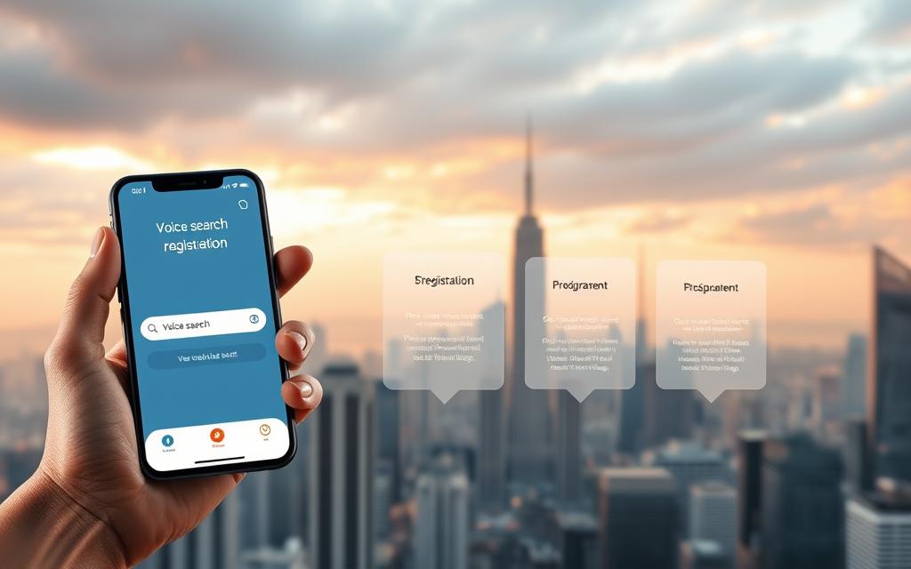 Realistic 3D illustration of a step-by-step voice search registration process. In the foreground, a hand holding a smartphone with a voice search interface. In the middle ground, a series of floating interactive panels displaying the registration steps. In the background, a futuristic cityscape with tall skyscrapers and a cloudy sky. Soft, warm lighting illuminates the scene, creating a sleek, modern atmosphere. The image should convey a sense of efficiency, technology, and user-friendly interaction.